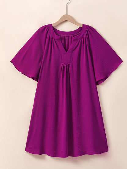Rose Red Notched Neck Wide Sleeve Pleated Plus Size Dress