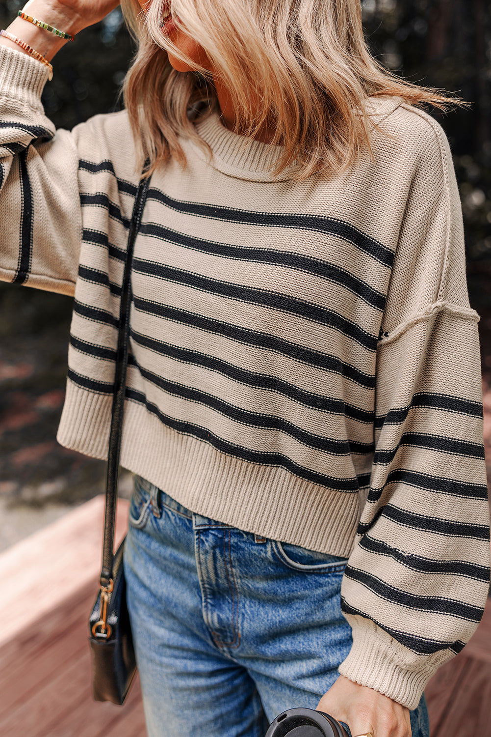 Black Stripe Ribbed Trim Drop Shoulder Puff Sleeve Sweater