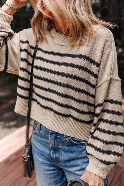 Black Stripe Ribbed Trim Drop Shoulder Puff Sleeve Sweater