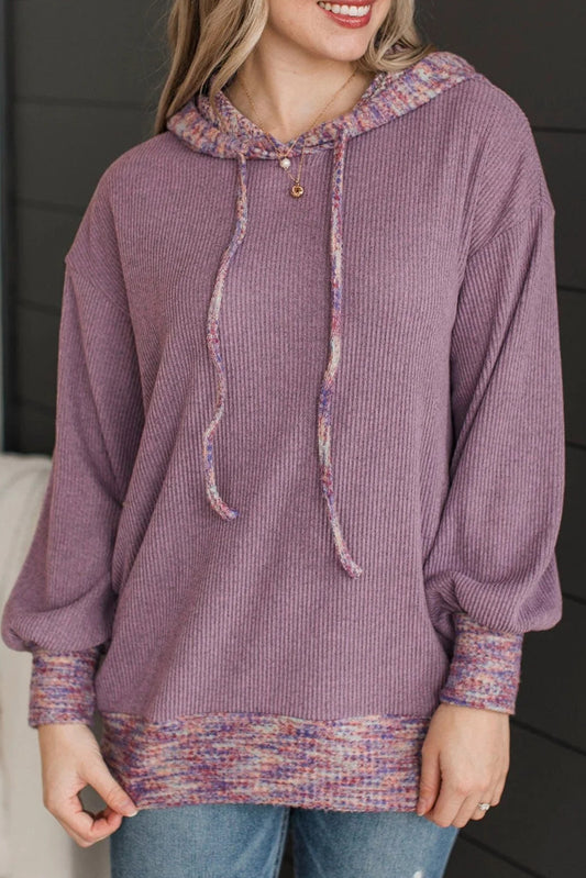 Toadstool Ribbed Texture Contrast Trim Drawstring Hooded Long Sleeve Top