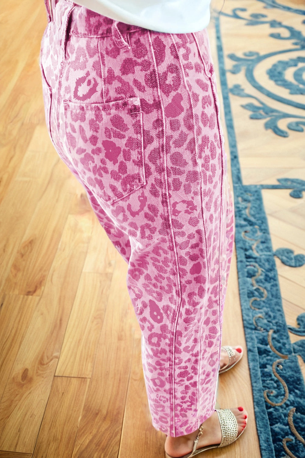 Pink Leopard Print Straight Loose Jeans