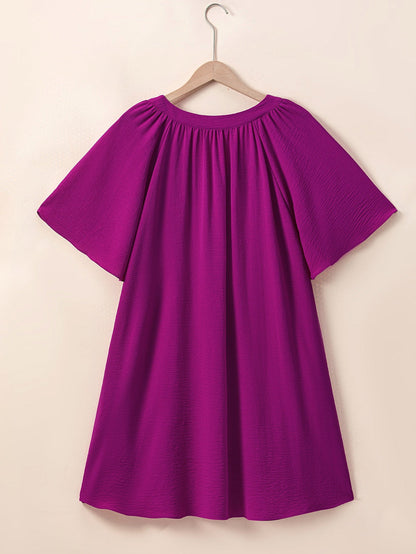 Rose Red Notched Neck Wide Sleeve Pleated Plus Size Dress