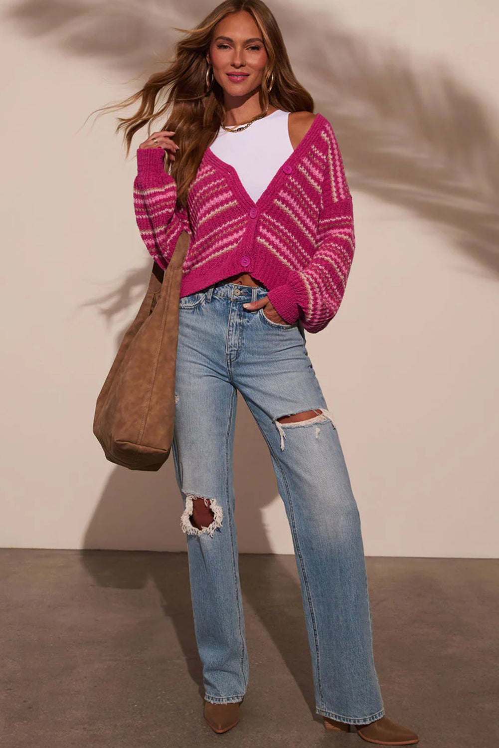 Rose Stripe Button V Neck Drop Shoulder Puff Sleeve Sweater Cardigan