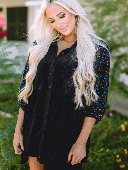 Elegant Black Velvet Peplum Shirt with Sequin Detail