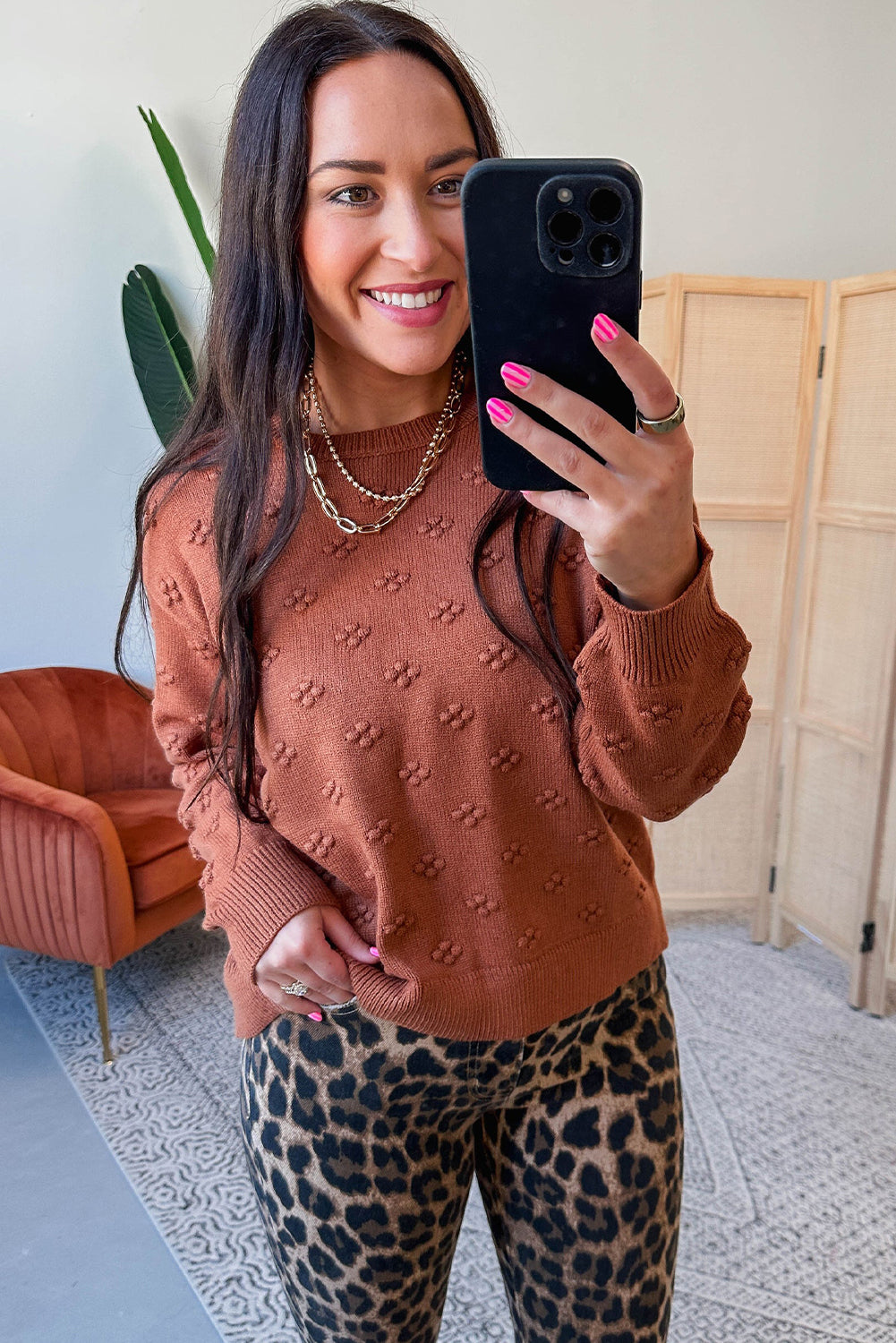 Clay Solid Color Flower Texture Knit Drop Shoulder Sweater