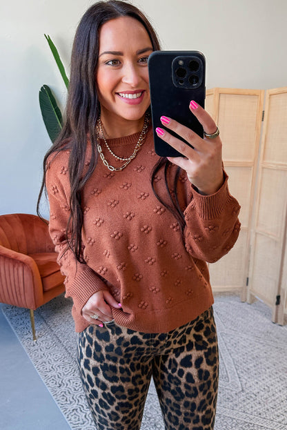 Clay Solid Color Flower Texture Knit Drop Shoulder Sweater