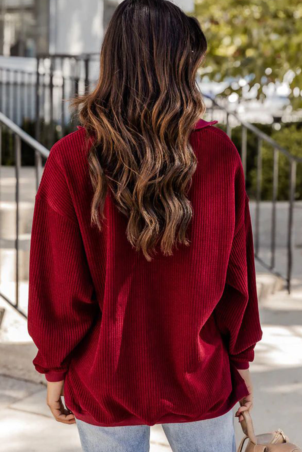 Red Dahlia Quarter Zip Drop Shoulder Corduroy Pullover Sweatshirt