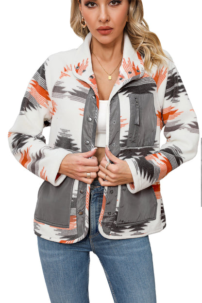 Multicolour Aztec Fleece Patchwork Snap Button Jacket