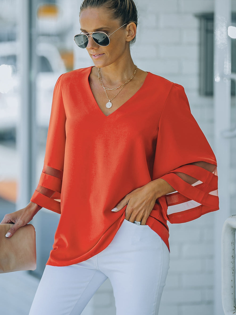 Fiery Crimson V Neck Blouse with Flare Sleeves