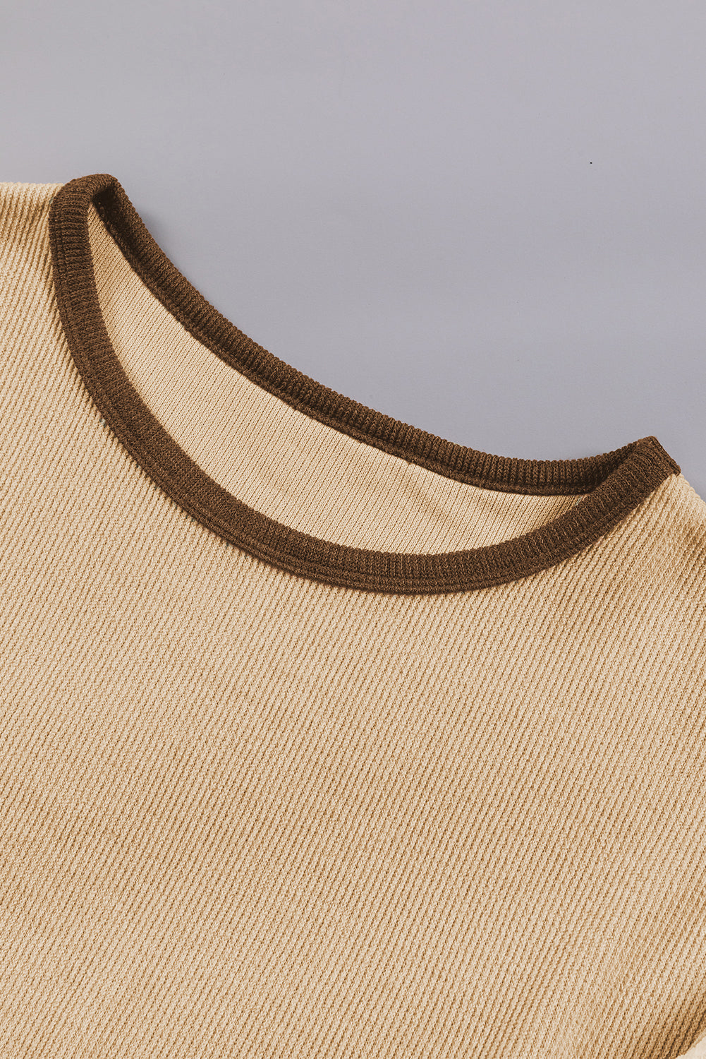 Gray Patchwork Puff Sleeve Crew Neck Top with Textured Detail