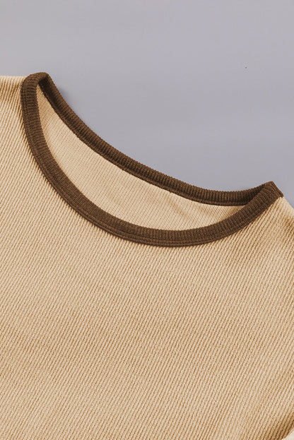 Gray Patchwork Puff Sleeve Crew Neck Top with Textured Detail