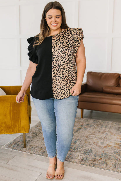 Elegant Black Leopard Ruffle Sleeve Plus Size Top