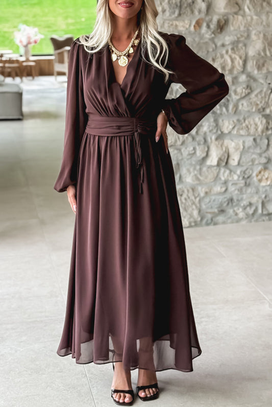 Dark Brown Solid Color Long Sleeve V Neck Pleated High Waist Maxi Dress