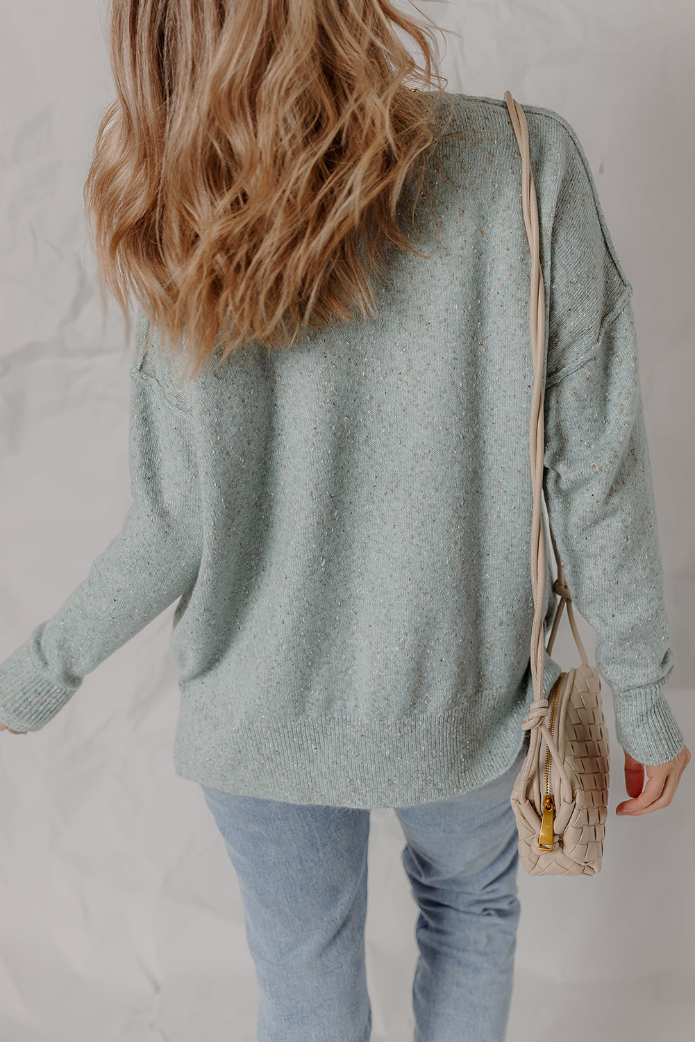 Smoke Green Confetti Knit Ribbed Trim Drop Shoulder Baggy Sweater