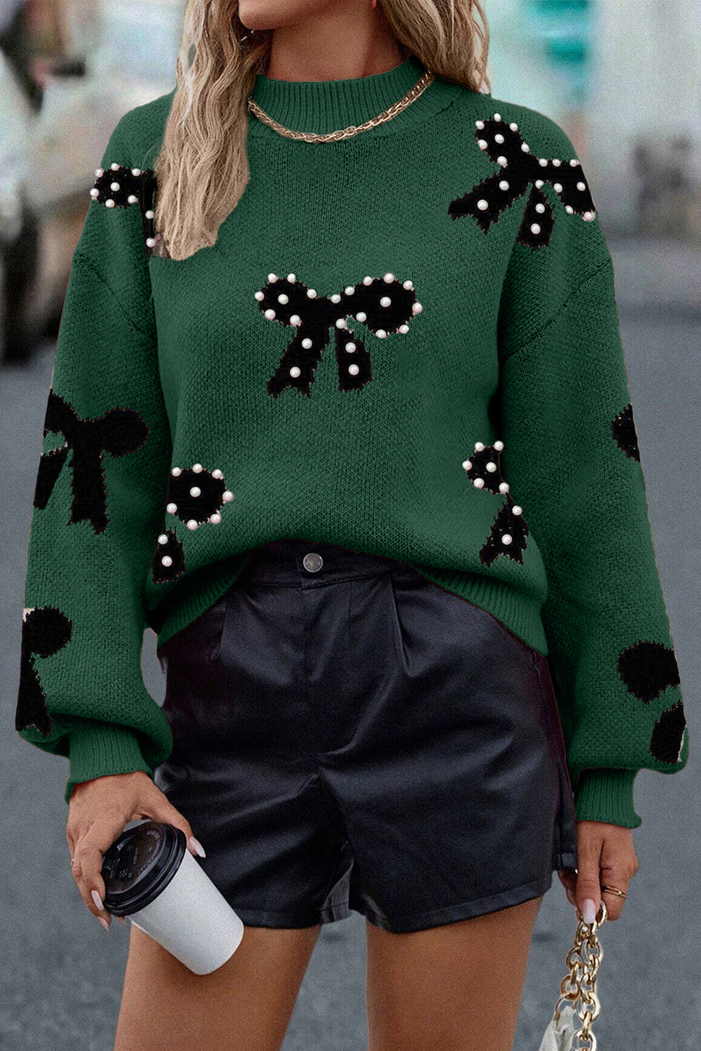 Blackish Green Pearl Embellished Bow Pattern Loose Sweater
