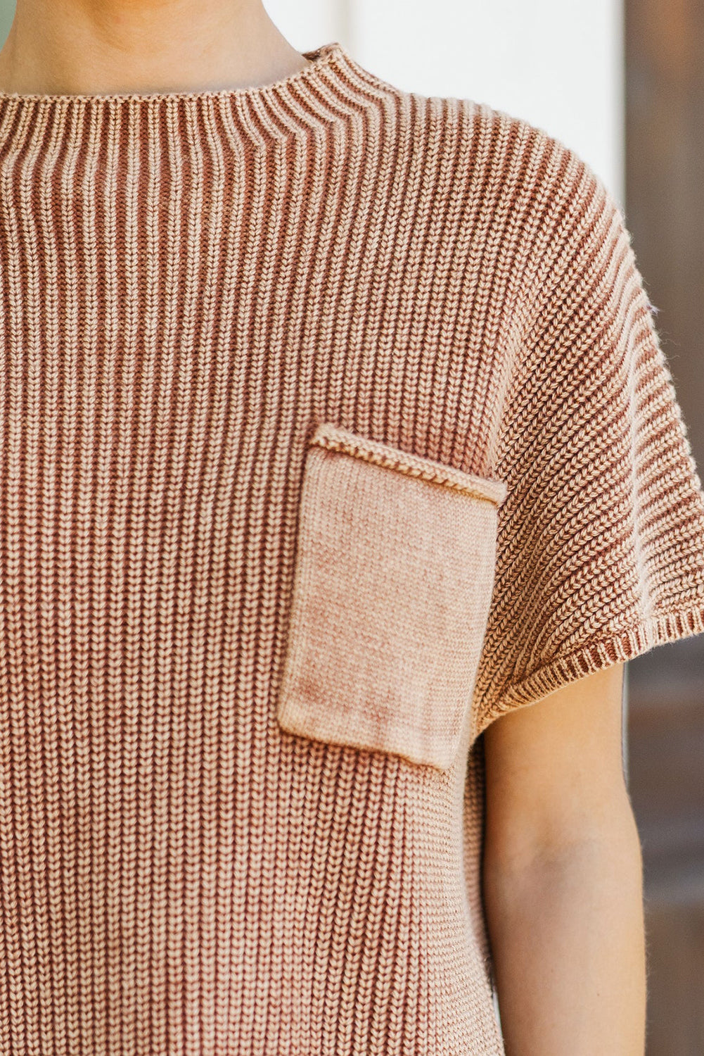 Chestnut Mineral Wash Ribbed Knit Patched Pocket Short Sleeve Loose Sweater
