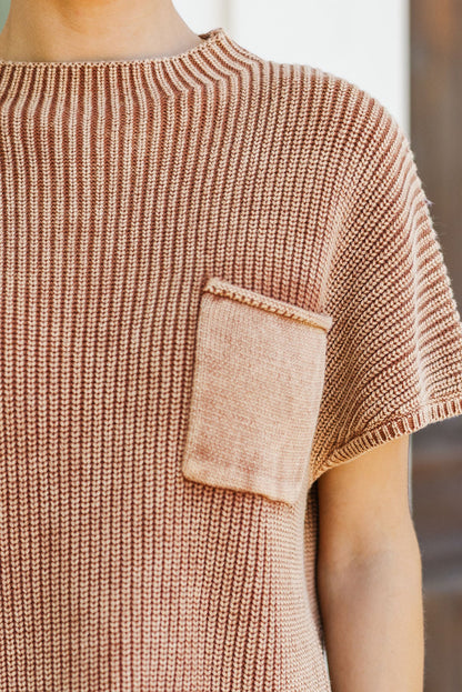 Chestnut Mineral Wash Ribbed Knit Patched Pocket Short Sleeve Loose Sweater