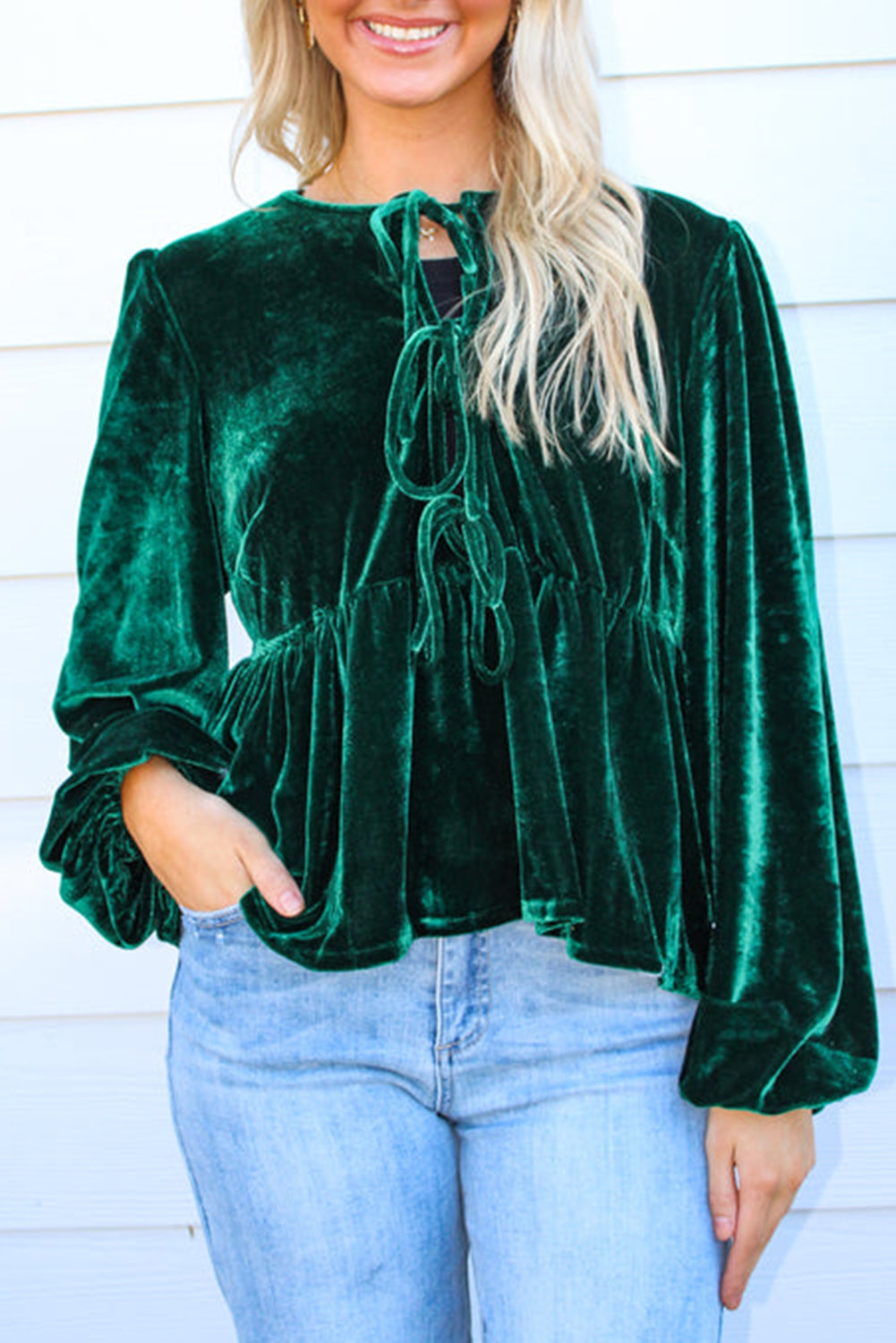 Evergreen Lace-up Velvet Long Puff Sleeve Peplum Top