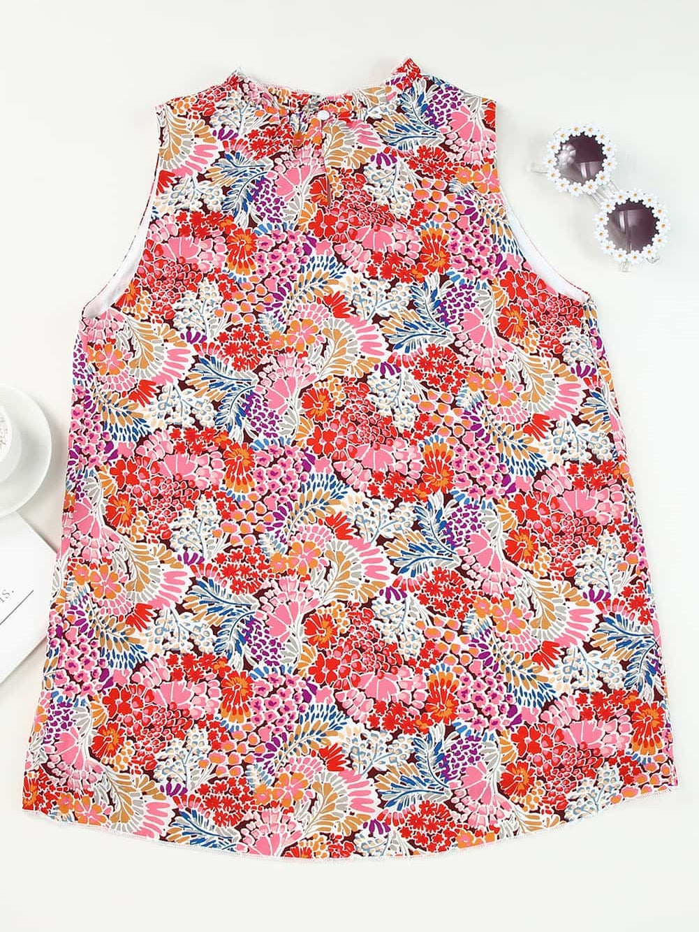 Floral Pink Sleeveless Ruffle Tank Top