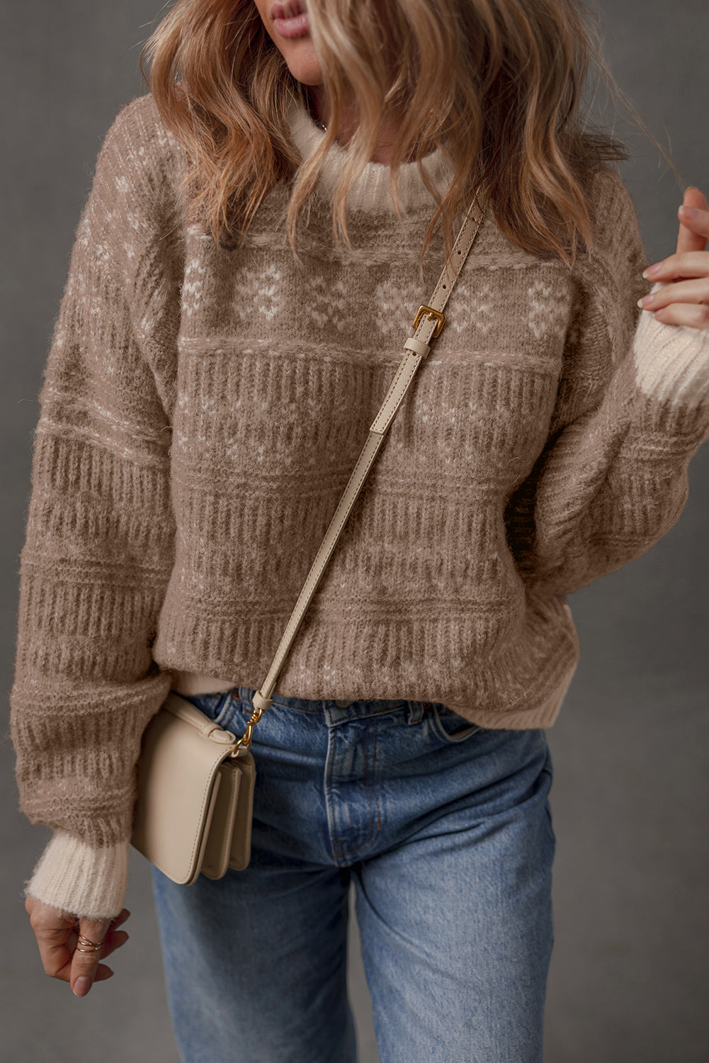 Dark Brown Geometric Knit Color Contrast Drop Sleeve Sweater