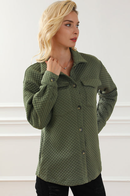 Green Vintage Quilted Flap Pocket Button Shirt Jacket