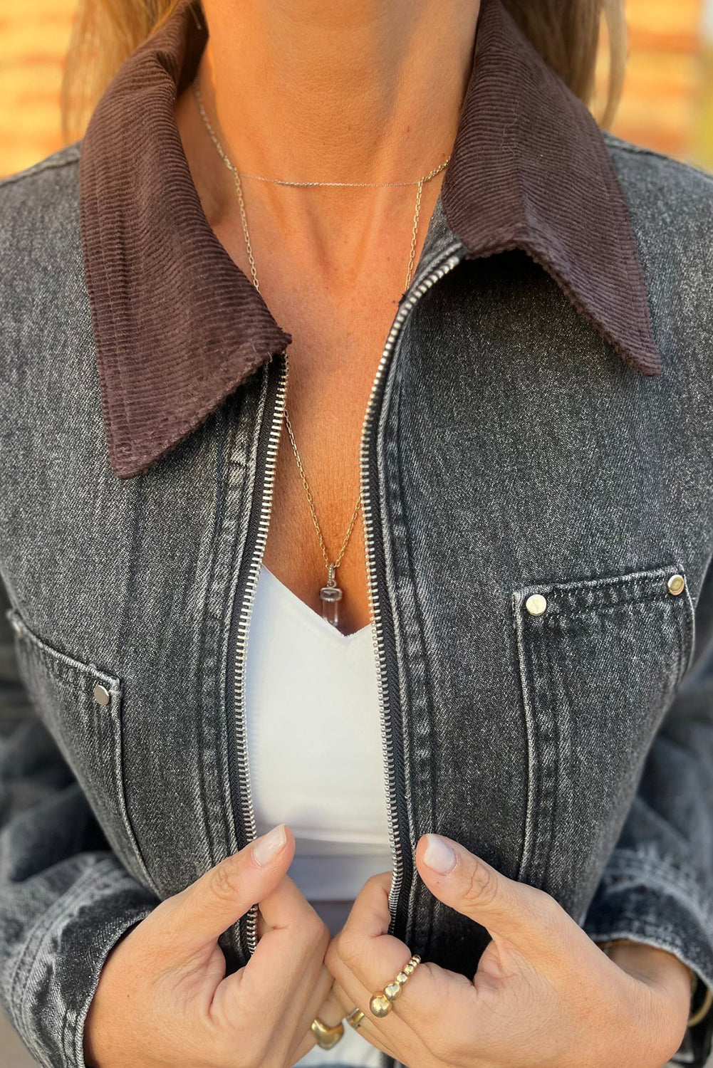 Black Corduroy Collar Zipped Front Denim Jacket