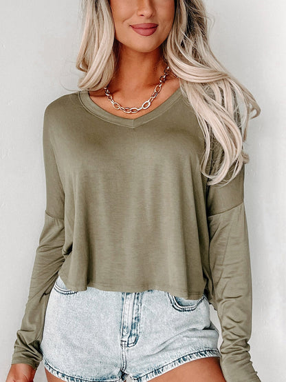 Green Relaxed Fit V Neck Drop Shoulder Top