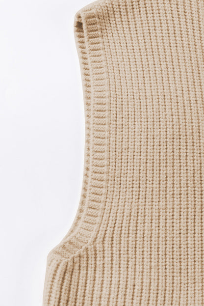 Apricot Ribbed V Neck Cap Sleeve Sweater with Chest Pocket