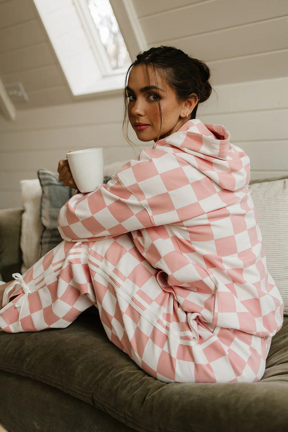 Pink Checkered Print Hoodie Side Stripe Bow Knot Pants 2pcs Set