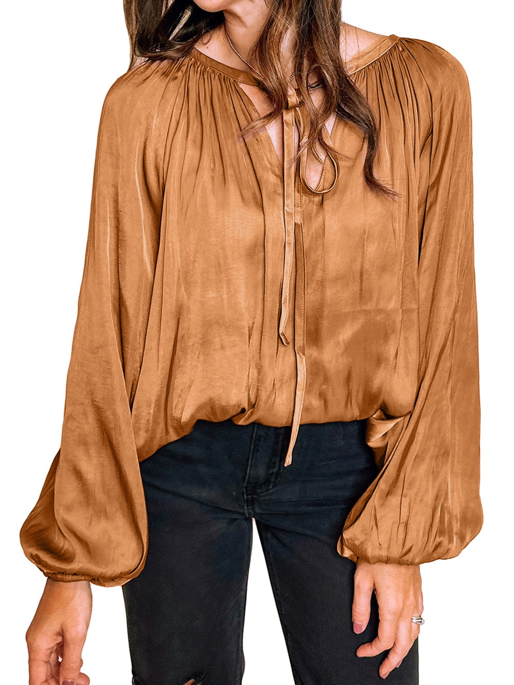 Graceful Camel Satin Pleated V Neck Puff Sleeve Blouse