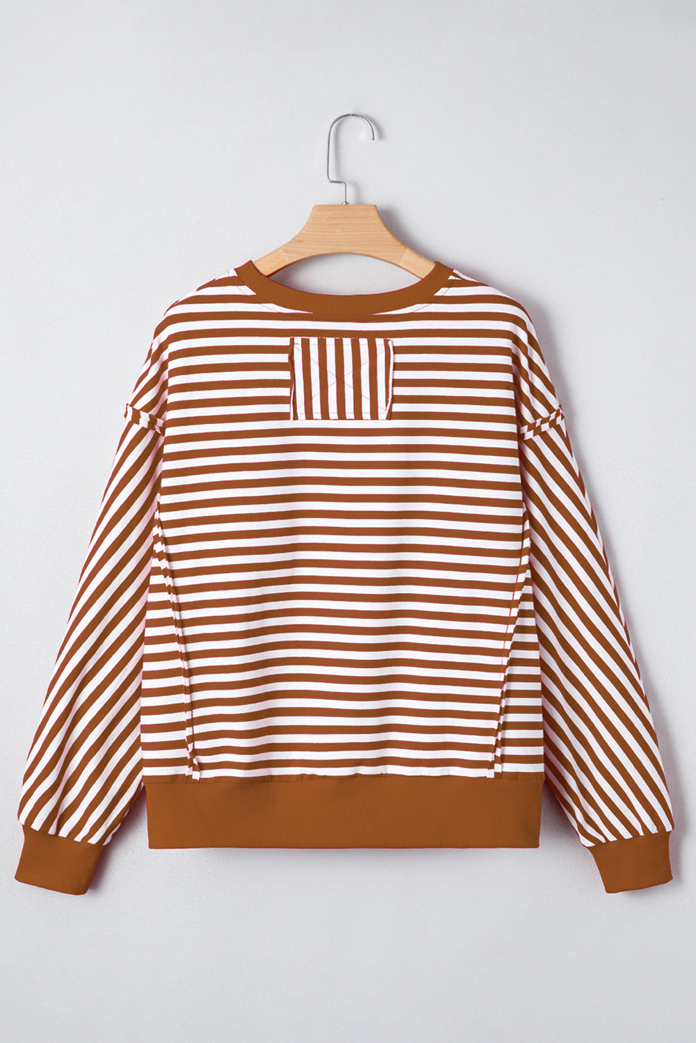 Brown Stripe Exposed Seam Drop Shoulder Casual Pullover Top