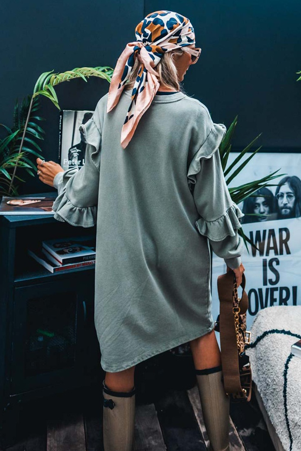 Haze Blue Ruffled Shift Knit Long Sleeve Mini Dress