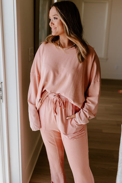 Apricot Pink Exposed Seam Drop Shoulder Pullover Drawstring Pants Lounge 2pcs Set