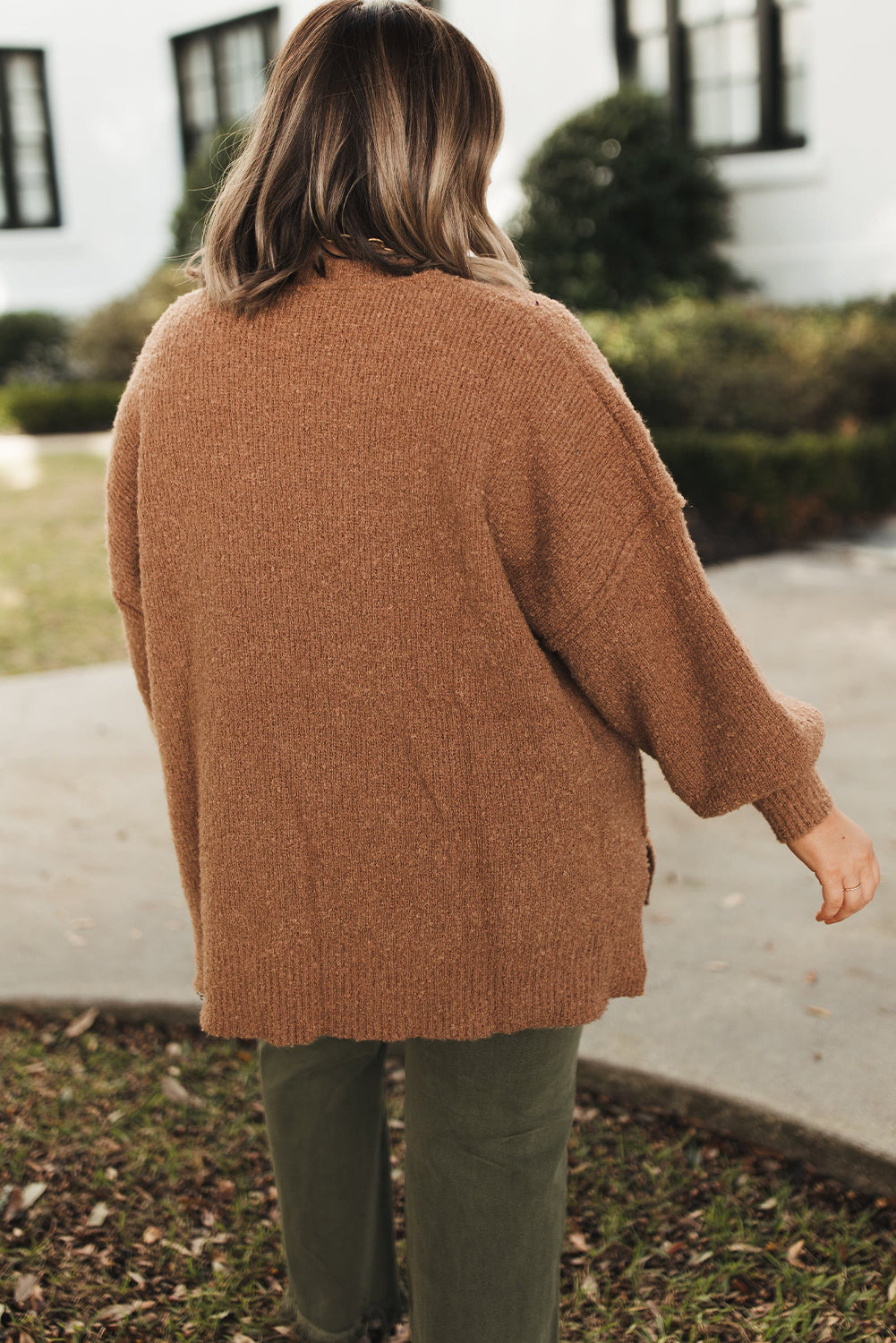 Chestnut Plus Size V Neck Drop Shoulder Knit Side Slit Loose Sweater