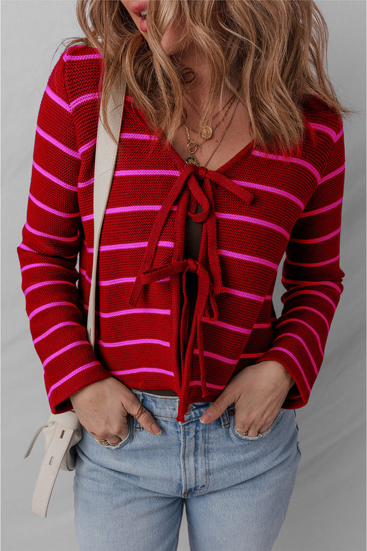 Red Stripe Tie Front Striped Knit V Neck Cardigan Sweater
