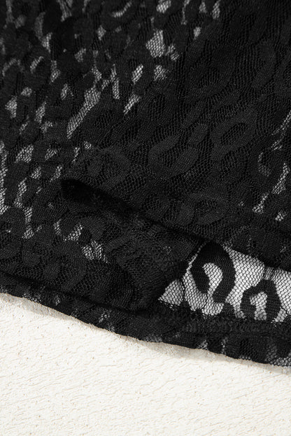 Black Leopard Pattern Sheer Mesh Long Sleeve Top