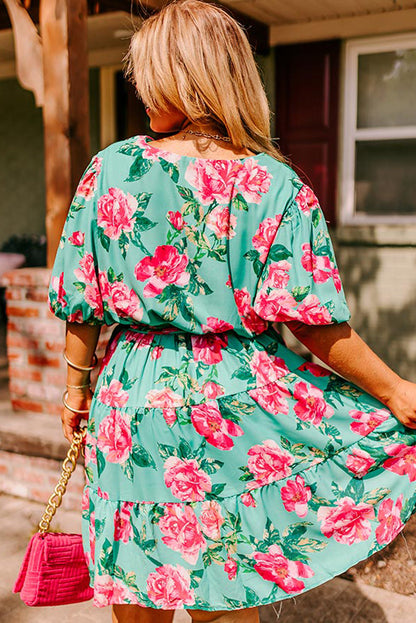 Green Floral Surplice Ruffled A-Line Plus Size Dress