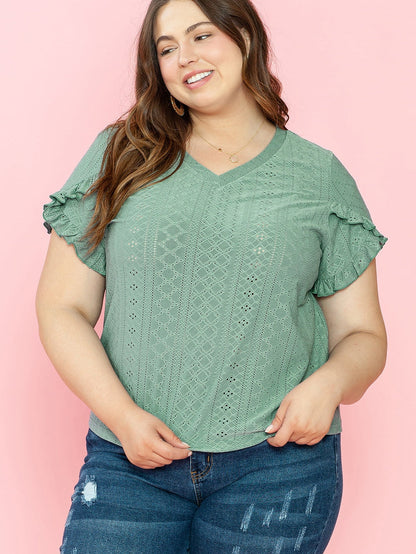 Green Jacquard V-Neck Plus Size Blouse with Petal Sleeves
