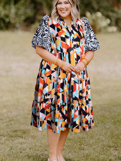 Pink Geometric Print Tiered Shift Dress for Plus Size Fashionistas