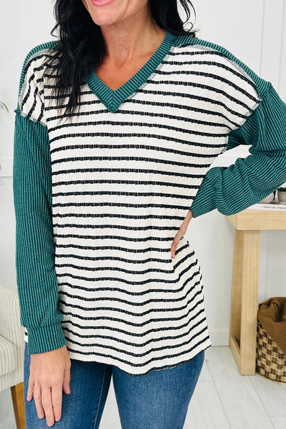 Green Twisted Ribbed Mix Striped Patchwork V Neck Long Sleeve Top