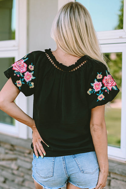 Elegant Black Floral Embroidered V-Neck Bubble Sleeve Top