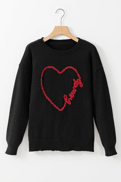 Heartfelt Black Graphic Round Neck Sweater