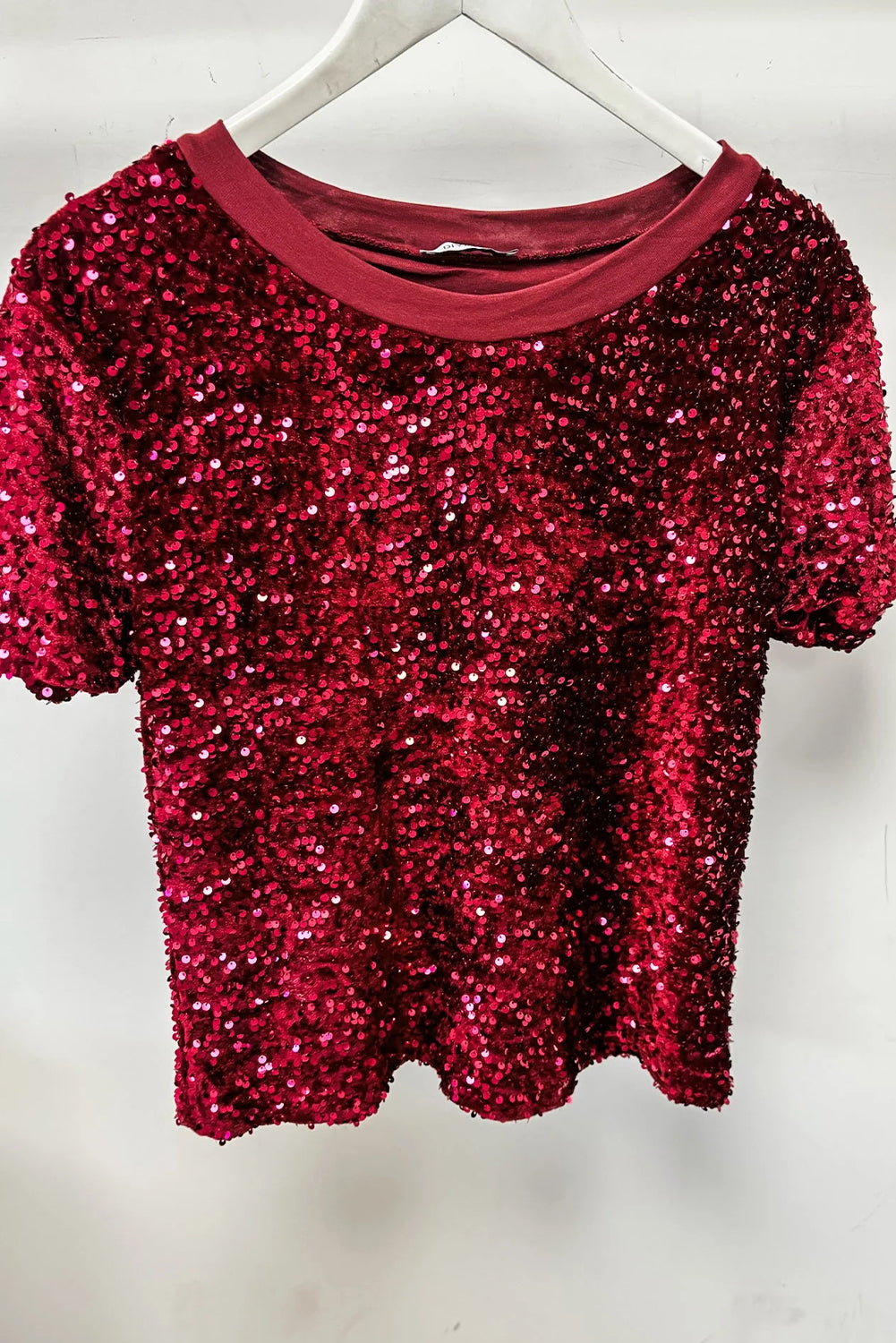 Burgundy Sequin Holiday Crew Neck Sparkly T-Shirt
