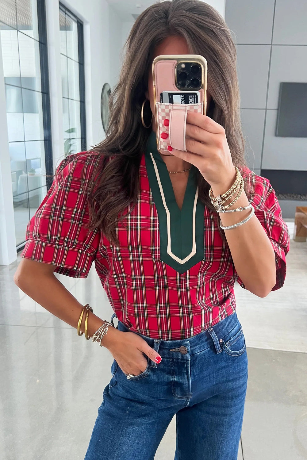 Red Plaid Print Contrast Trim V Neck Short Sleeve Blouse