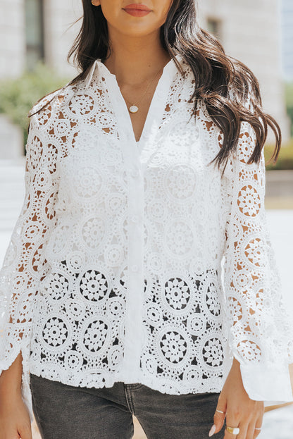 Elegant White Crochet Lace Button-Up Shirt with Turn-down Collar