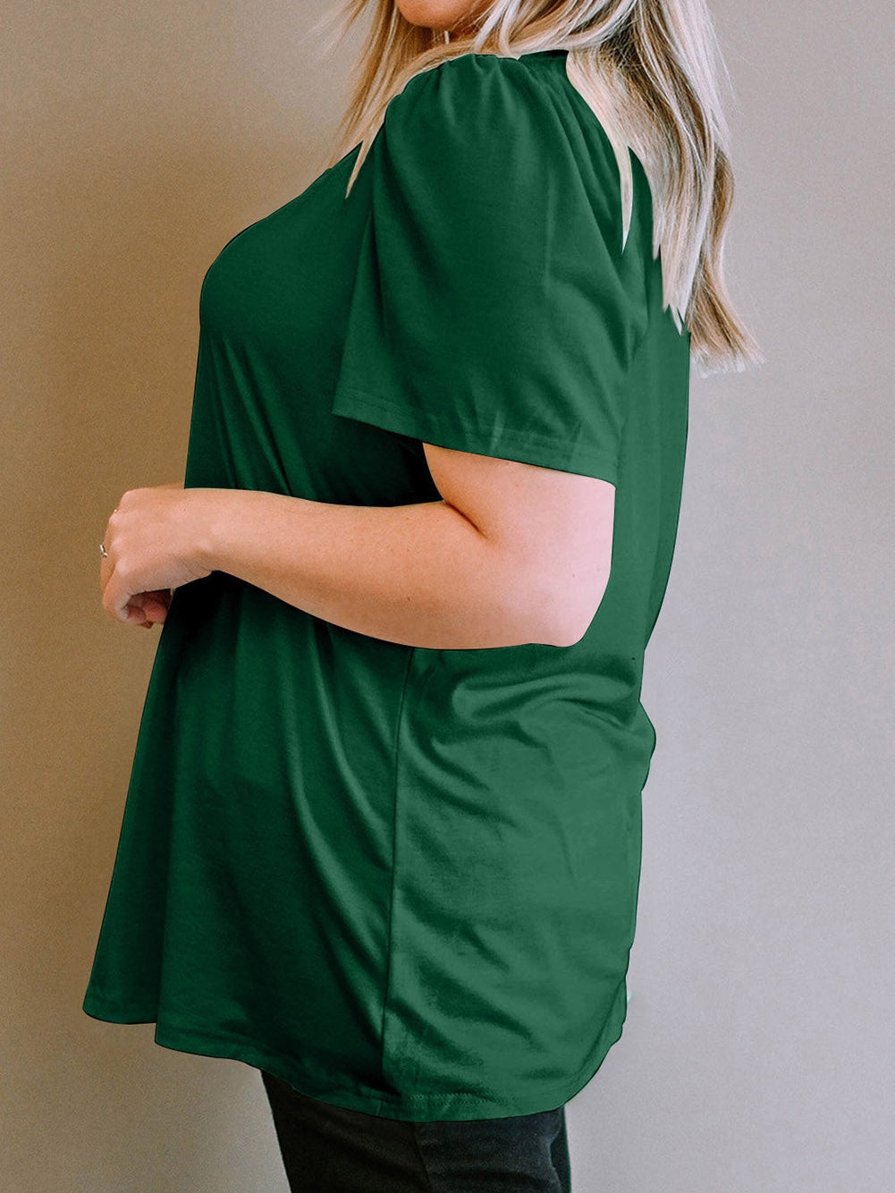 Ruched Shoulder Green Square Neck Plus Size Top