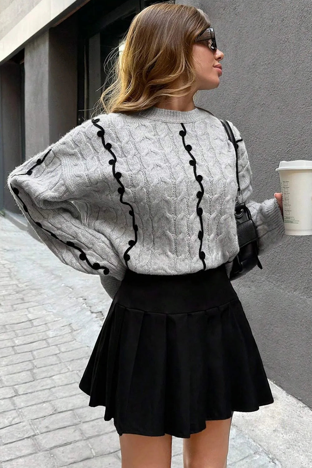 Light Grey Cable Knit Contrast Corded Detail Drop Shoulder Sweater