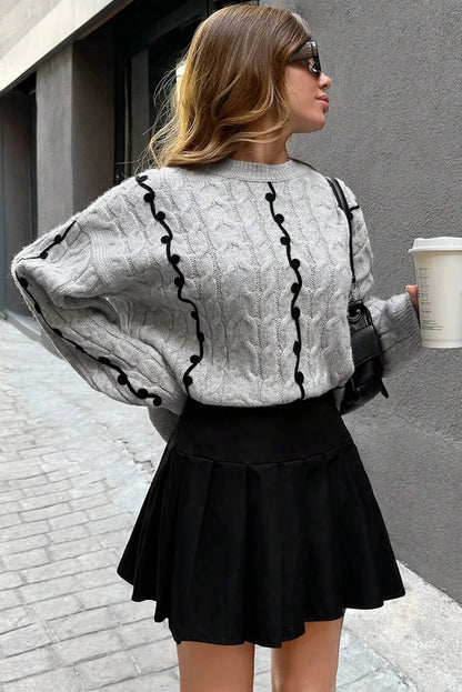 Light Grey Cable Knit Contrast Corded Detail Drop Shoulder Sweater