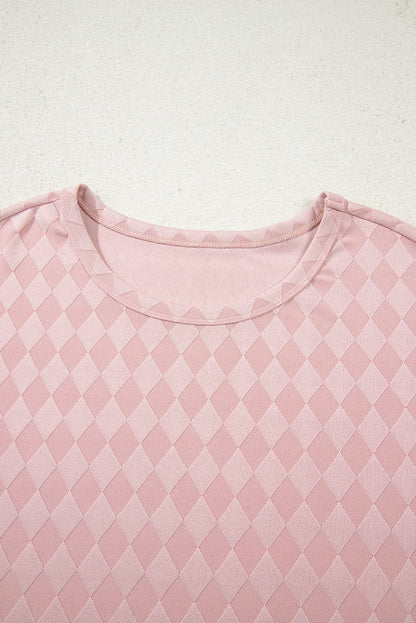 Light Pink Rhombus Pattern Knit Long Sleeve Top Pocketed Drawstring Lounge Pant Set