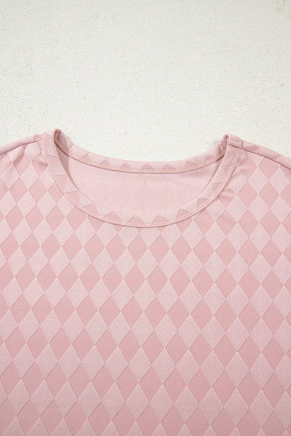 Light Pink Rhombus Pattern Knit Long Sleeve Top Pocketed Drawstring Lounge Pant Set